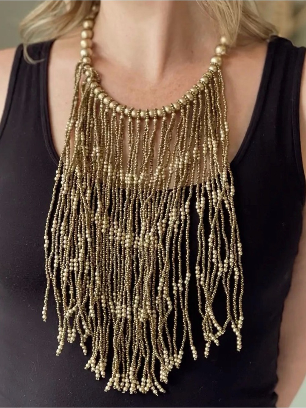Gold Beaded Fringe Statement Necklace - Women Jewelry
